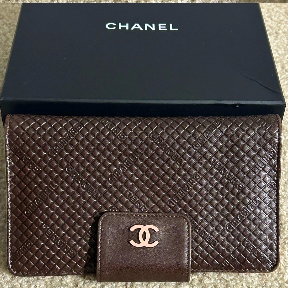 Chanel Brown Micro Coco Bar Leather Long Wallet With Pink interior